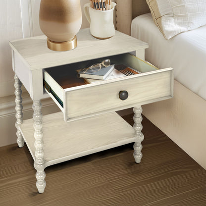 Beckett Turned Wood Spindle Nightstand with Drawer & Shelf - Antique Cream