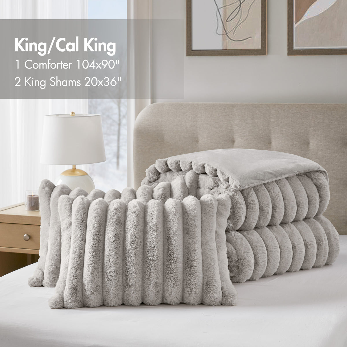 Jasmine 3 Piece Faux Fur Comforter Set - Light Gray