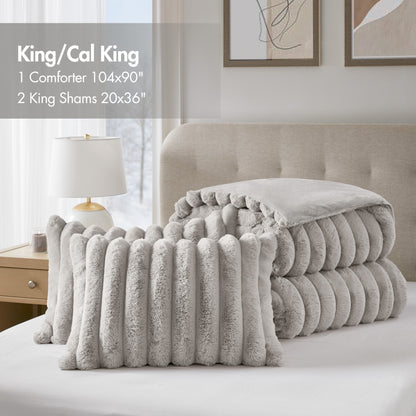 Jasmine 3 Piece Faux Fur Comforter Set - Light Gray