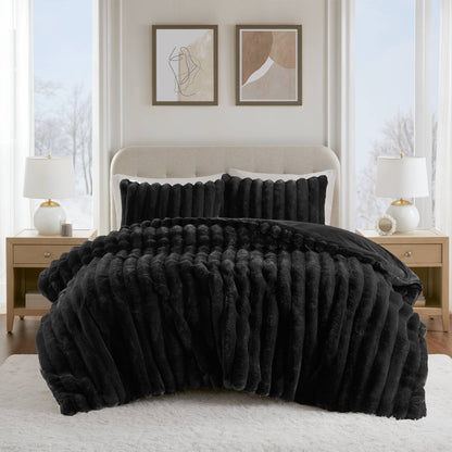 Jasmine 3 Piece Faux Fur Comforter Set - Black