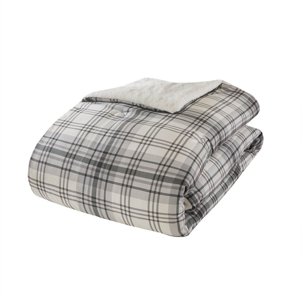 Bernston Faux Wool to Faux Fur Down Alternative Comforter Set - Gray Plaid