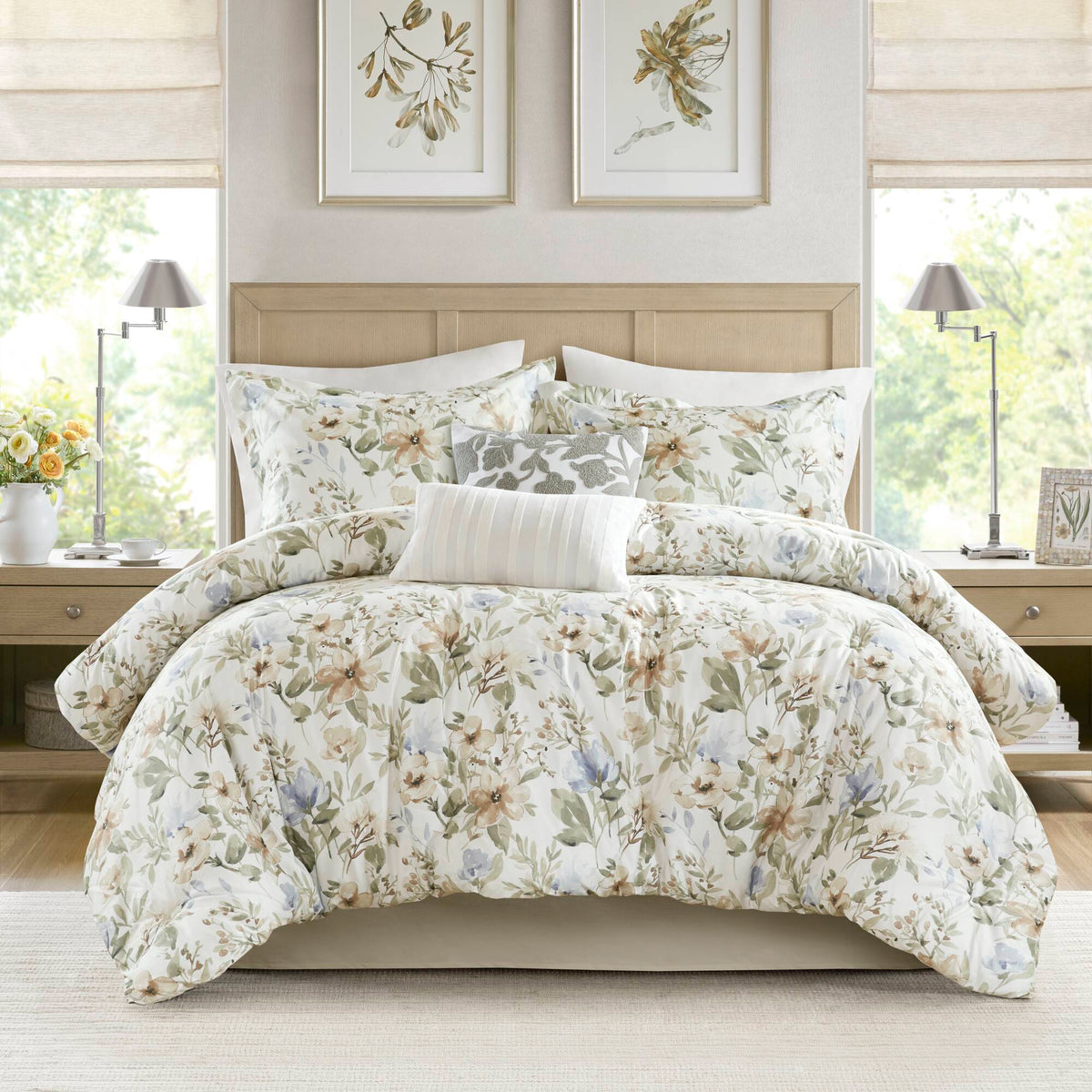 Herbal 6 Piece Cotton Sateen Print Oversized Comforter Set - Multi