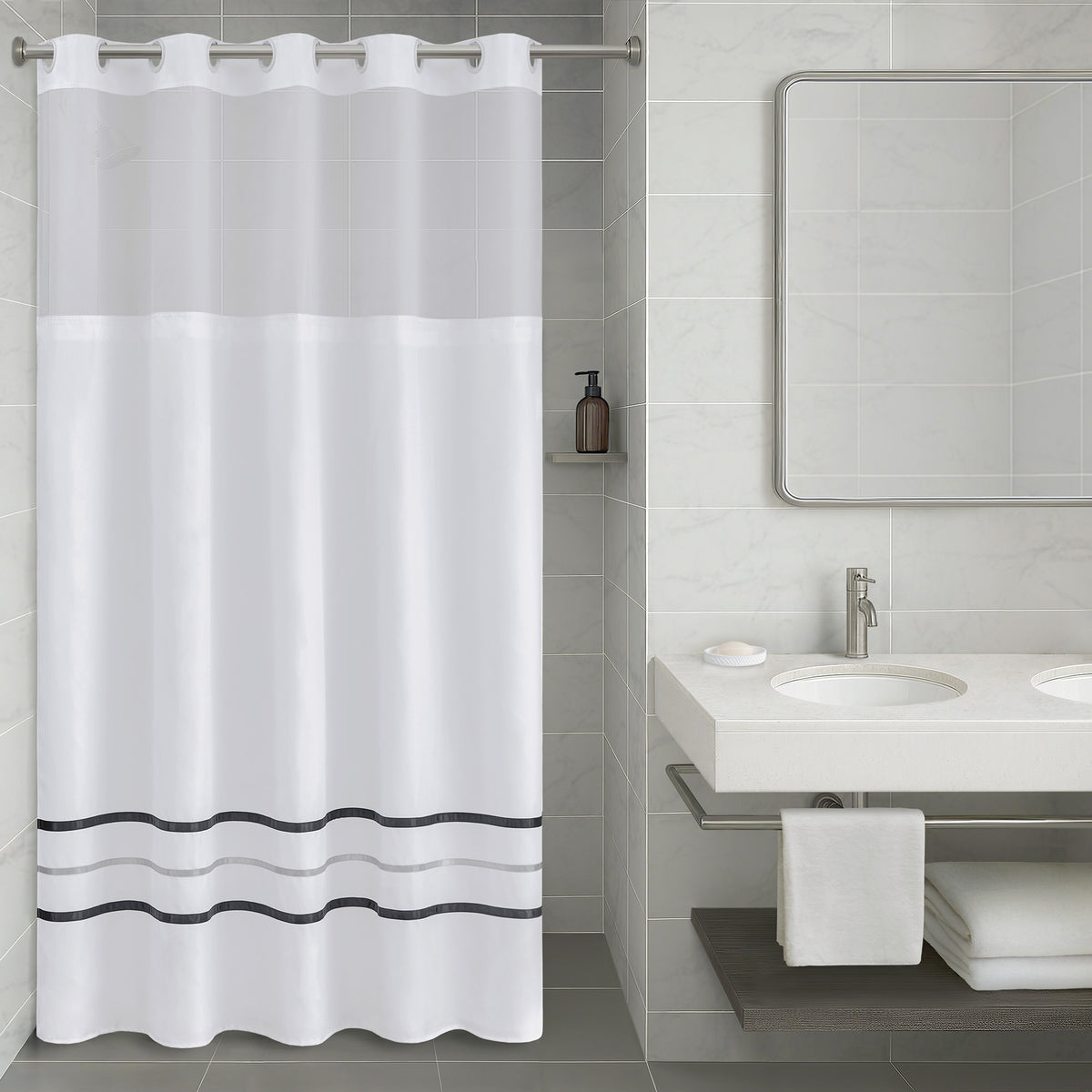 Plain Weave Premium Shower Curtain- Ribbon - White