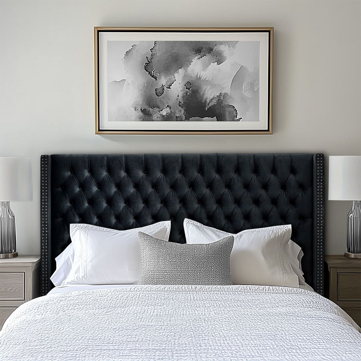 Amelia Upholstered Wingback Headboard with Button Tufting & Nailhead Trim - Black Velvet