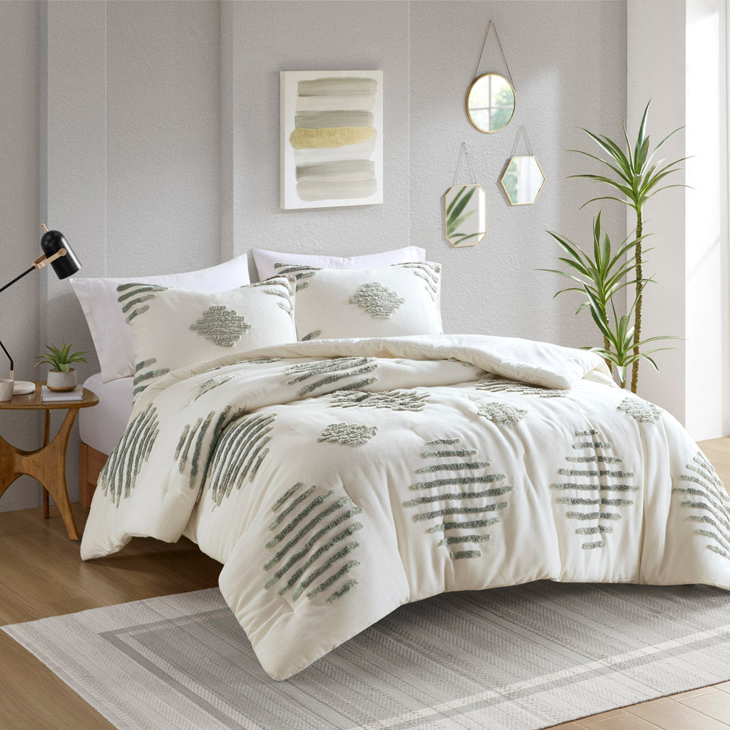 Tahli 3 Piece Cotton Blend Chenille Comforter Set - Green/Ivory