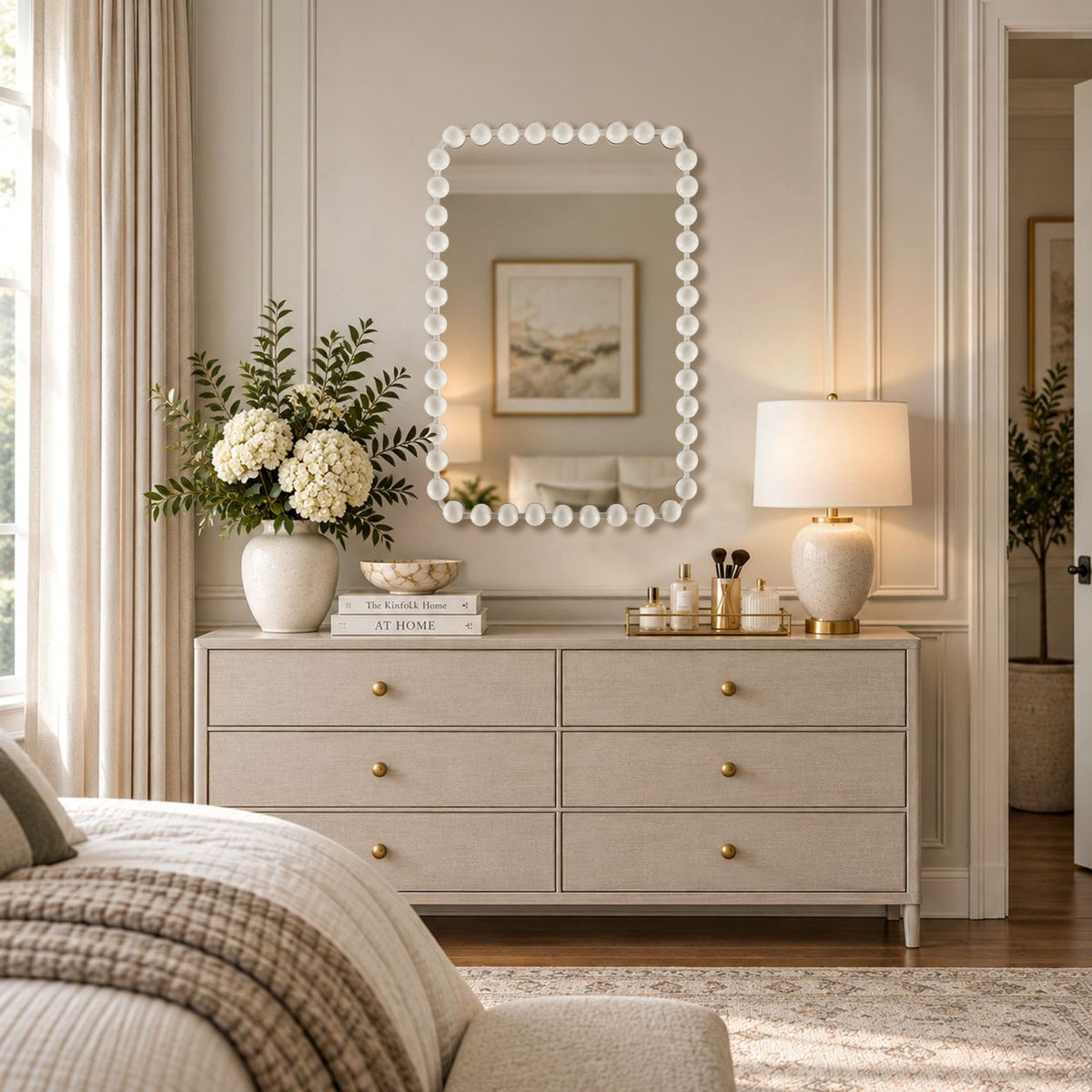 Marlowe 24X36 Rounded Rectangle Beaded Wall Mirror - White