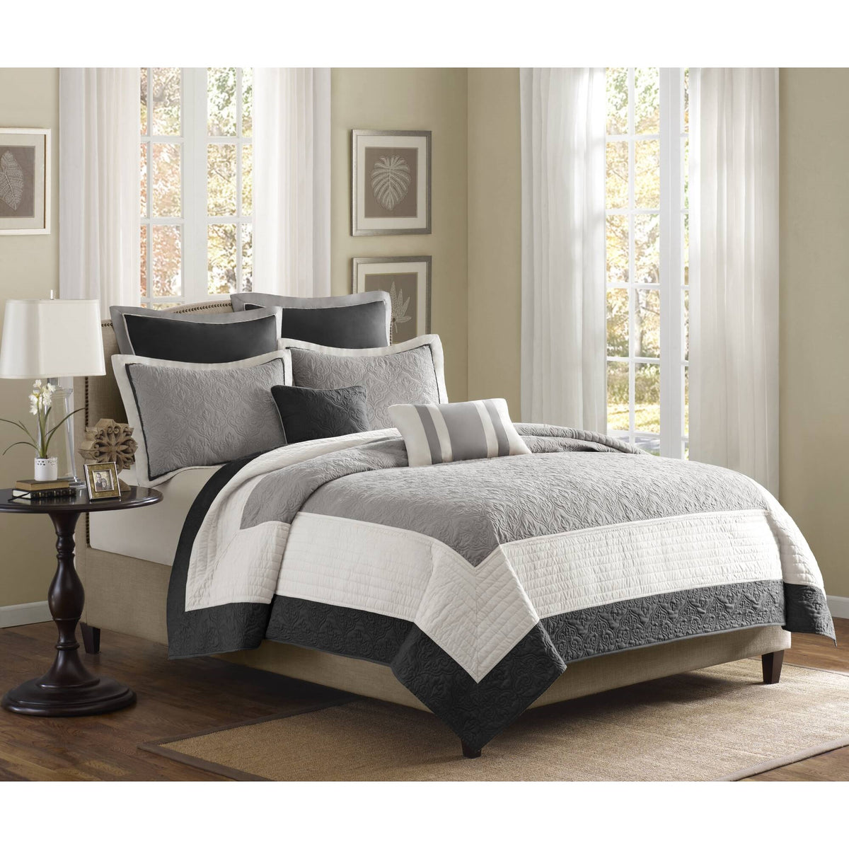 Attingham 7 Piece Quilt Set with Euro Shams and Throw Pillows - Black