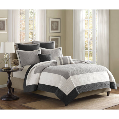 Attingham 7 Piece Quilt Set with Euro Shams and Throw Pillows - Black