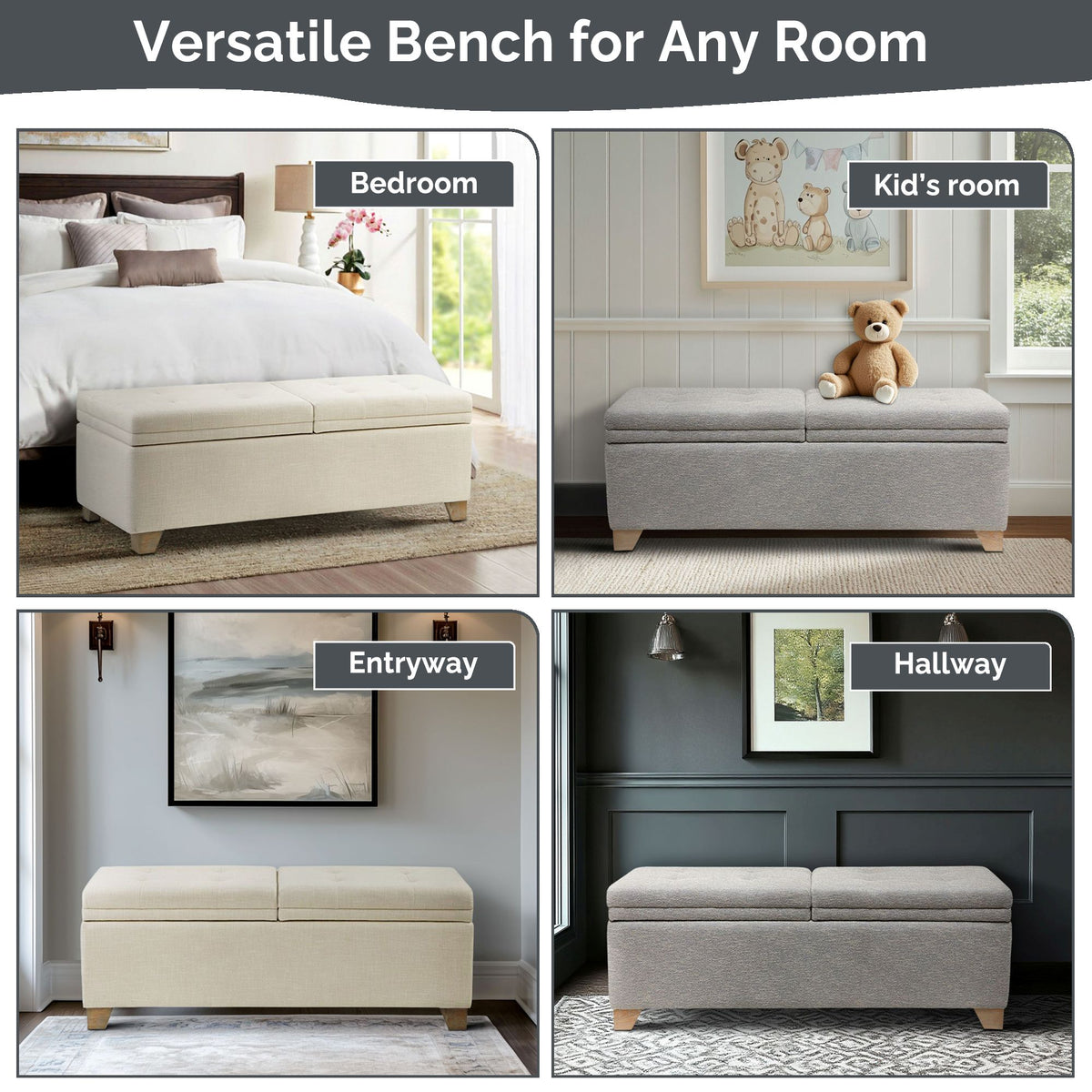 Ashcroft Dual Compartment Flip-Top Storage Bench - Grey Multi