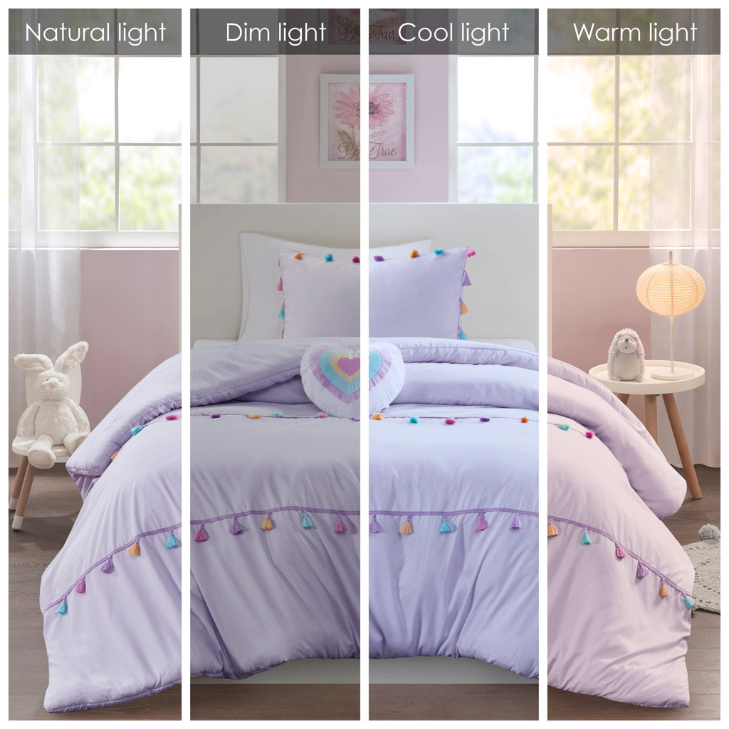 Tessa Tassel Comforter Set with Heart Shaped Throw Pillow - Lavender