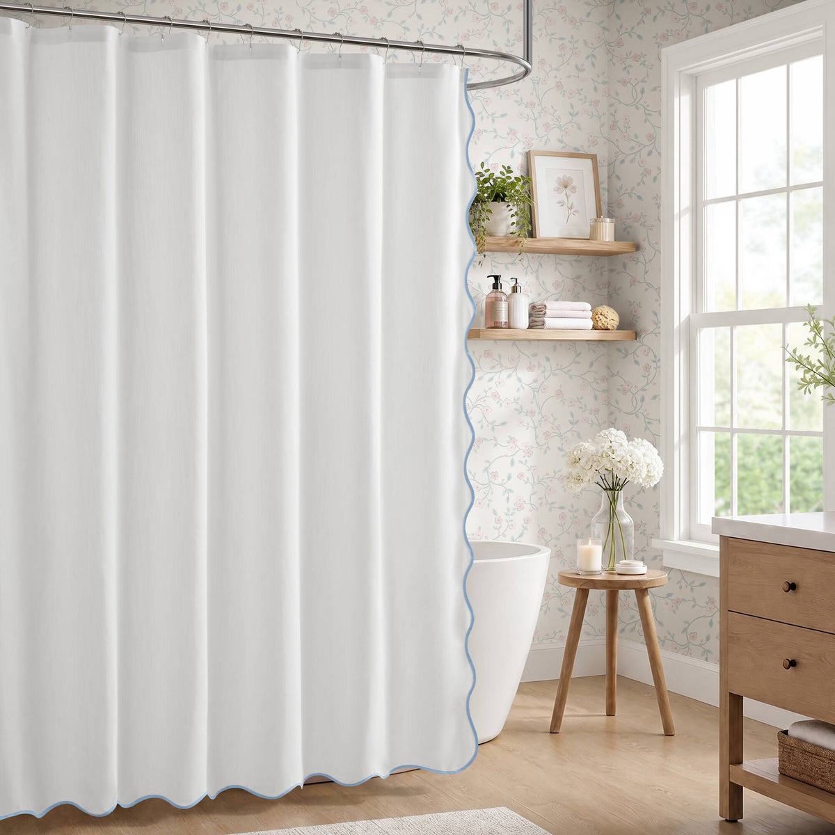 Petal Bloom Scalloped Shower Curtain - Blue