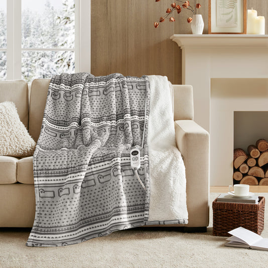 Print Plush to Sherpa Heated Throw - Grey Cozy Sheep