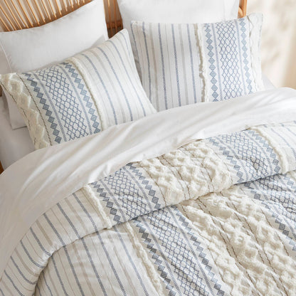 Imani Cotton Printed Comforter Set with Chenille - White/Navy