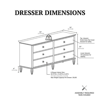 Victoria 6-drawer wood dresser (70") - Antique Cream