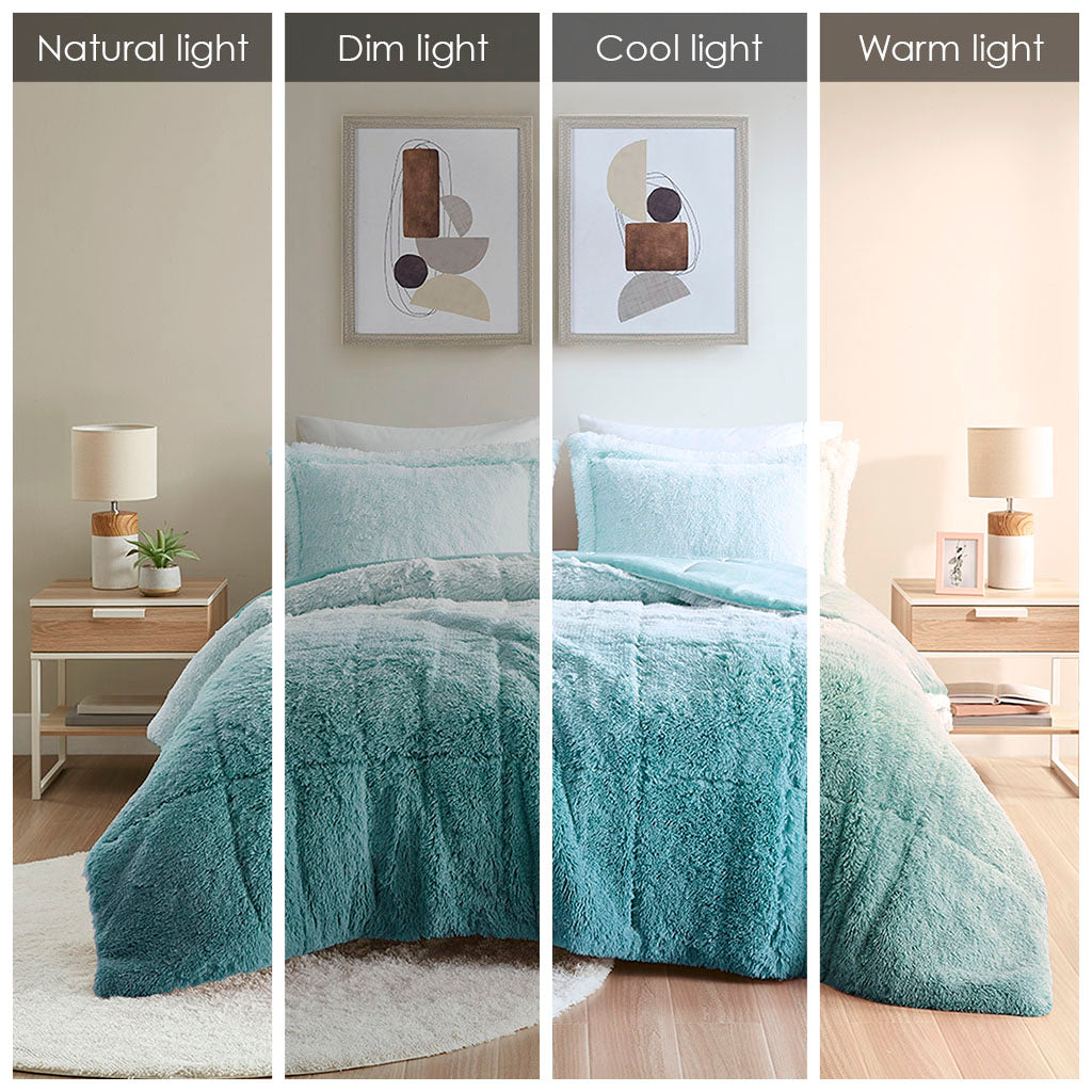 Brielle Ombre Shaggy Long Fur Comforter Mini Set - Aqua