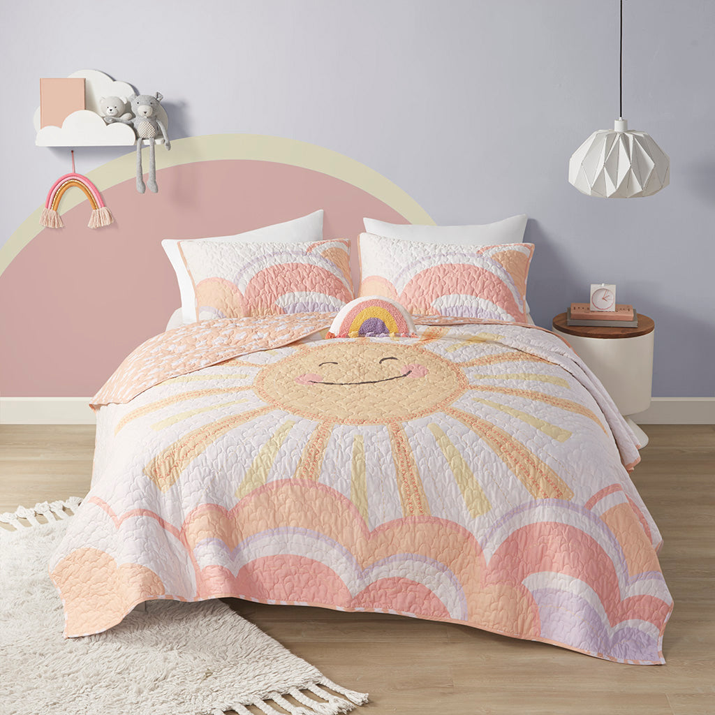 Dawn Reversible Sunshine Printed Cotton Quilt Set with Throw Pillow - Yellow/Coral