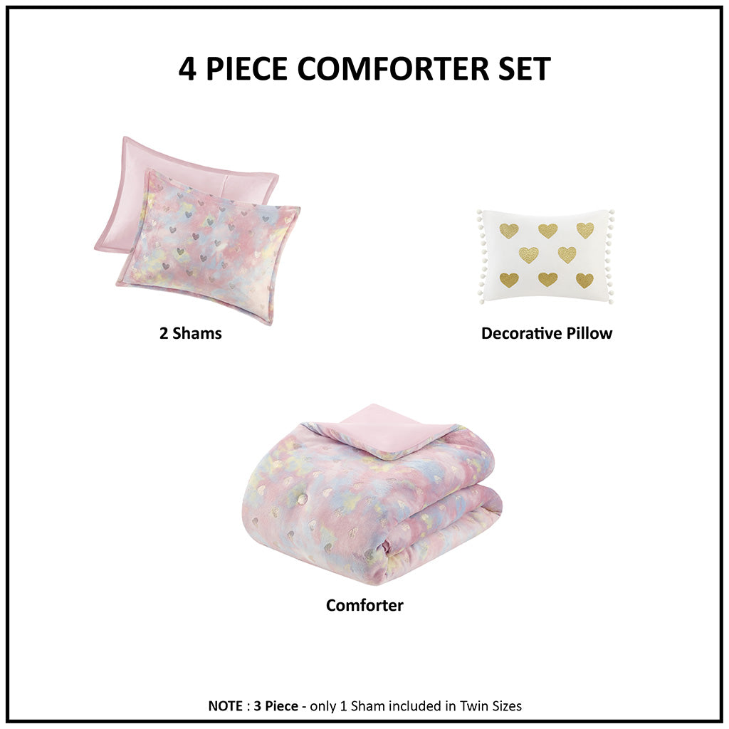Rosalie Metallic Printed Plush Comforter Set with Throw Pillow - Pink Multi/Gold