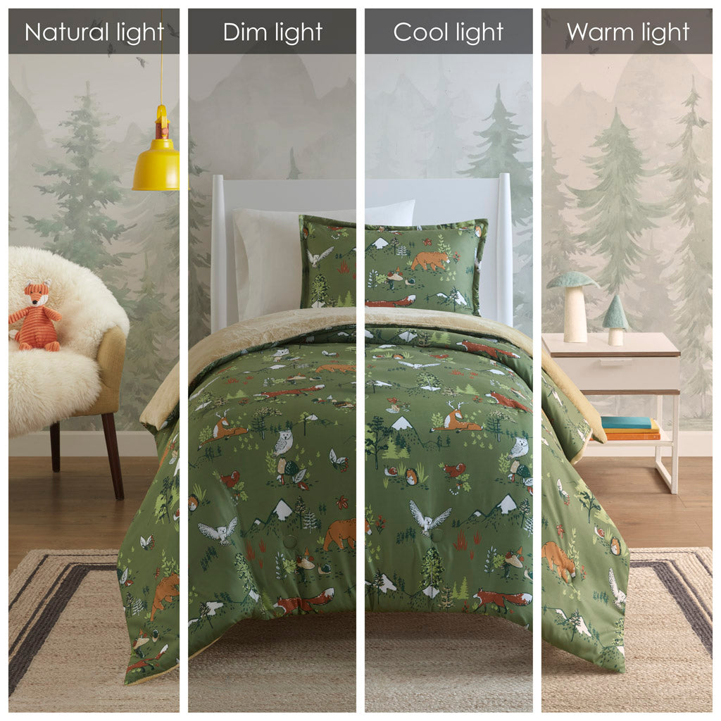 Heath Forest Animals Plush Reversible Comforter Set - Green