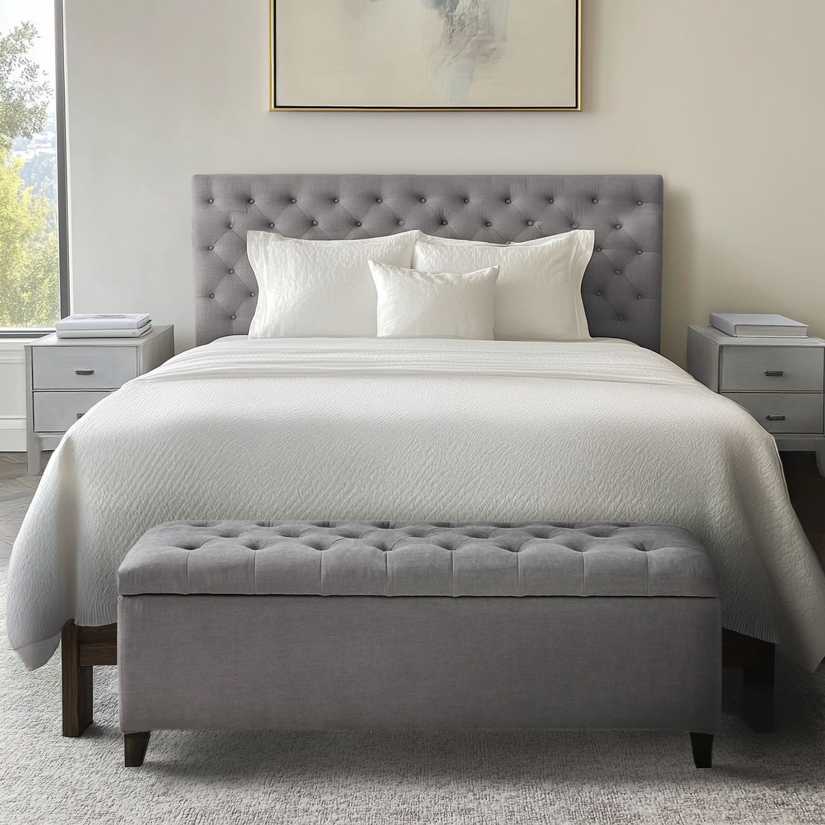 Shandra Tufted Top Upholstered Storage Bench - Grey
