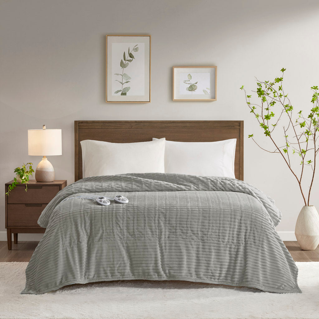 Corded Plush Heated Blanket - Grey