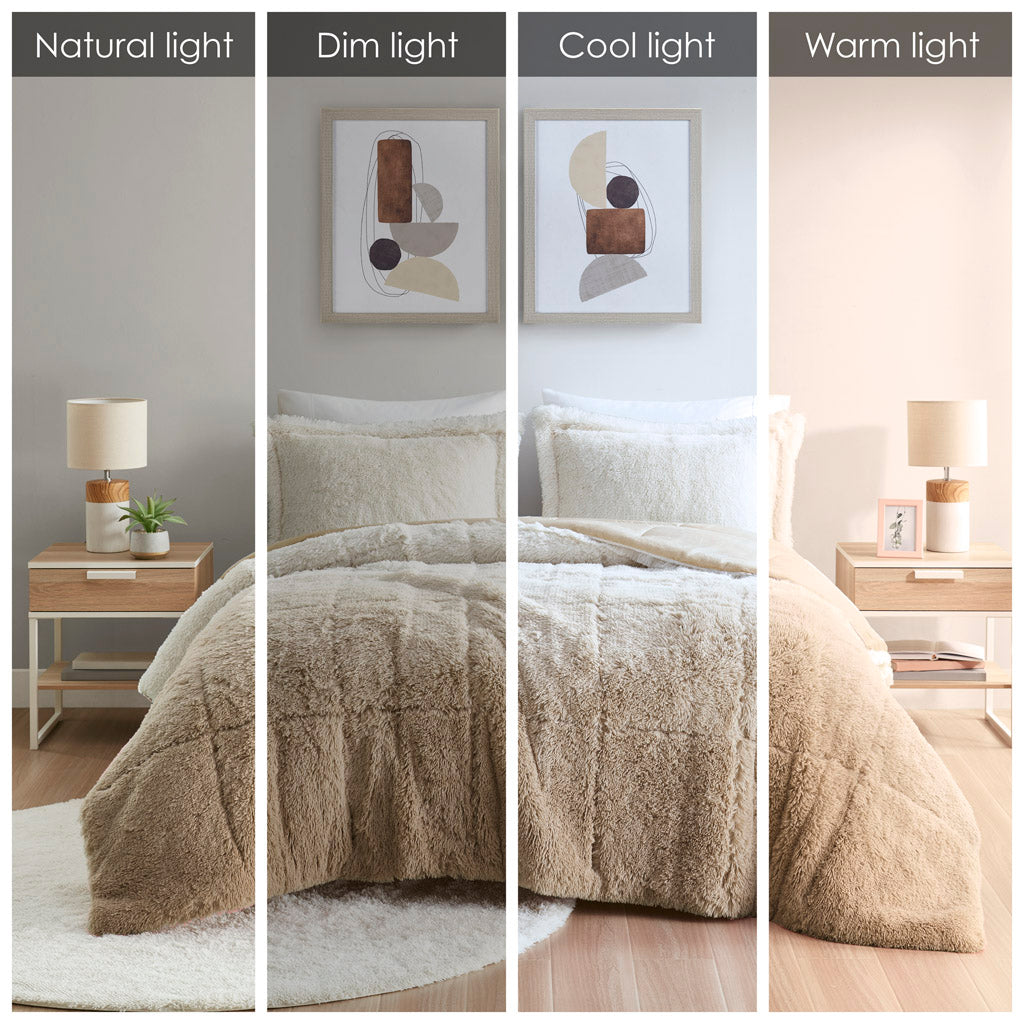Brielle Ombre Shaggy Long Fur Comforter Mini Set - Natural