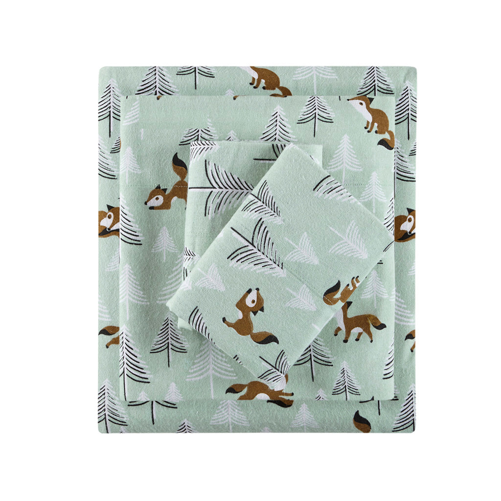 Cozy Soft Cotton Flannel Printed Sheet Set - Seafoam Foxes