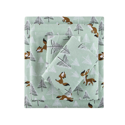 Cozy Soft Cotton Flannel Printed Sheet Set - Seafoam Foxes