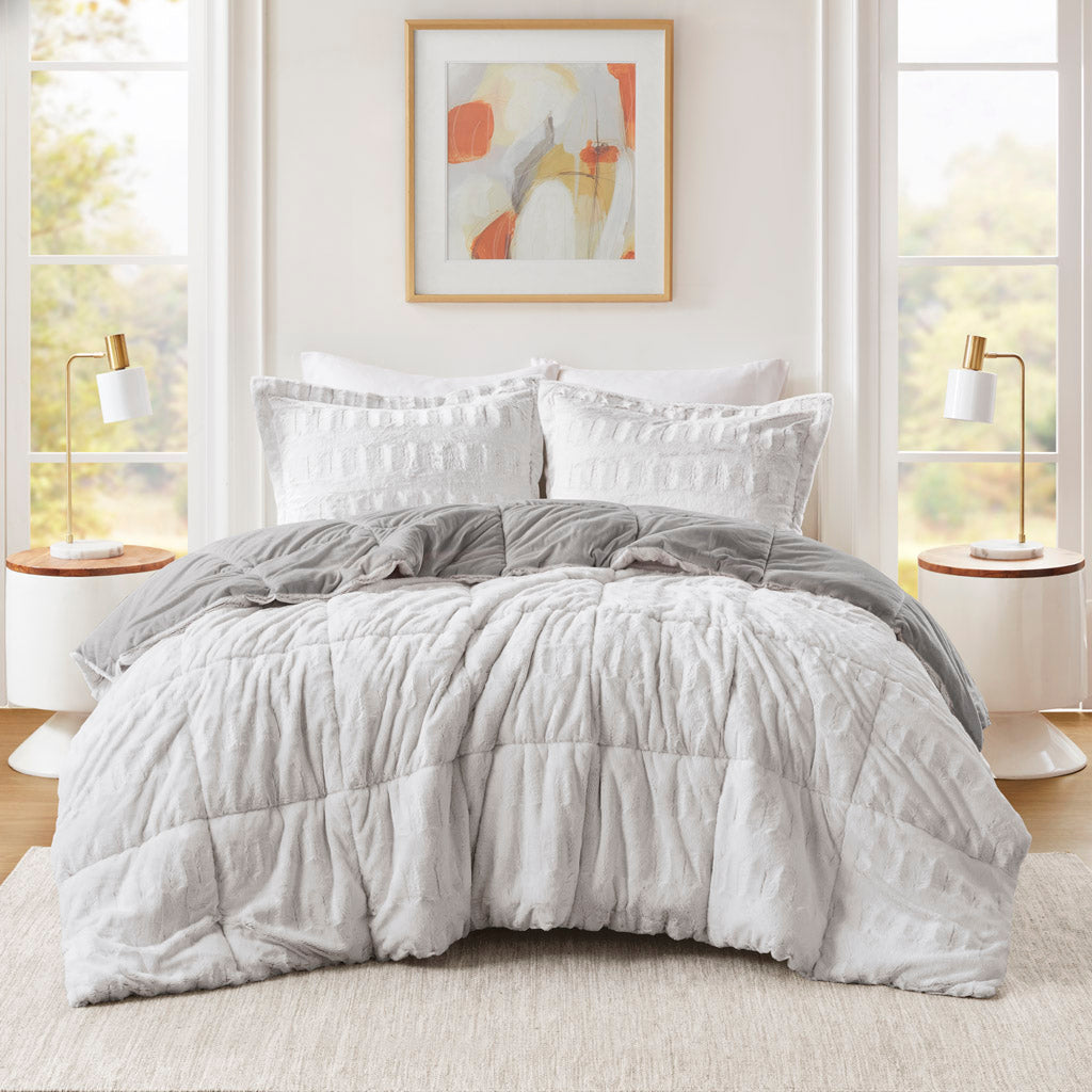 Gia Faux Fur Comforter Mini Set - Gray/White