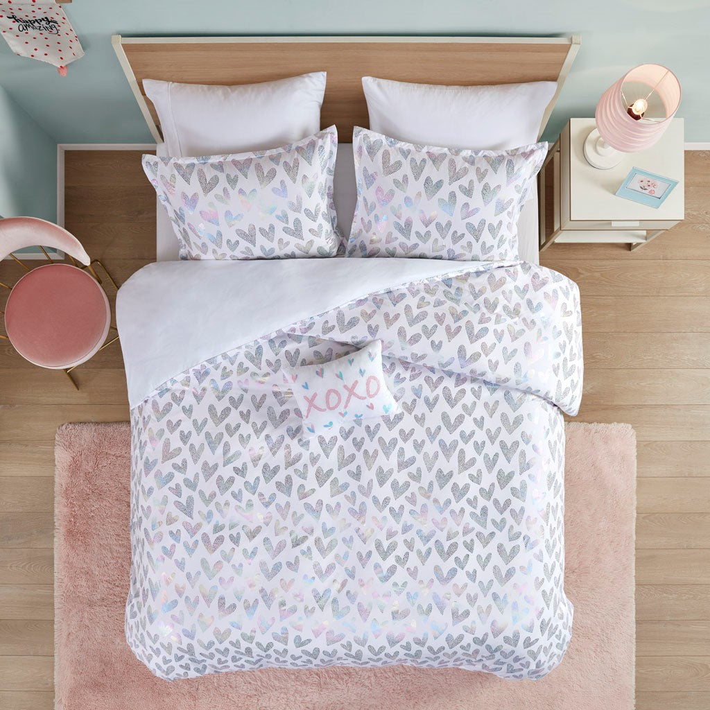 Kristie Iridescent Metallic Heart Printed Duvet Cover Set