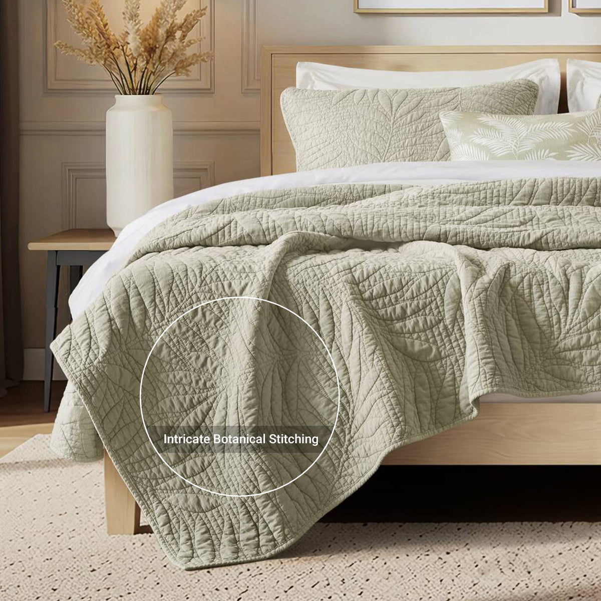 Botanical Leaves 3 Piece Cotton Quilt Set - Sage