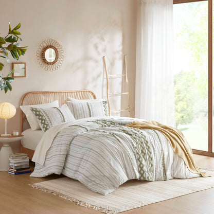 Imani Cotton Printed Comforter Set with Chenille - Sage/Ivory