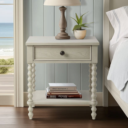 Beckett Turned Wood Spindle Nightstand with Drawer & Shelf - Antique Cream