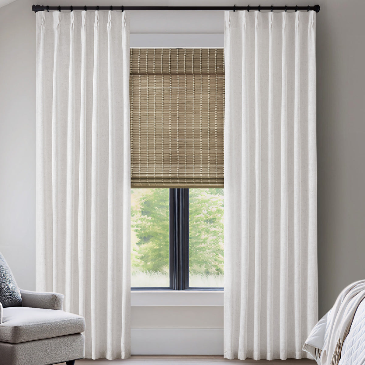 Emery 300gsm poly linen with 7 pinch pleat per pc - White