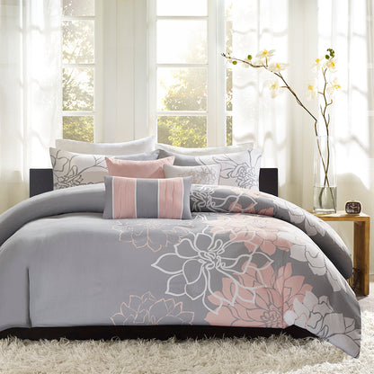 Lola 6 Piece Printed Duvet Cover Set - Grey/Peach