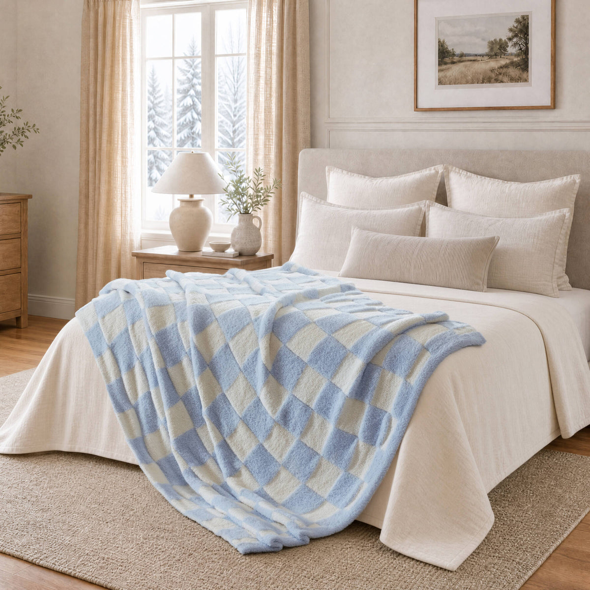 Checkerboard Feathersoft Fur Knit Throw - Blue