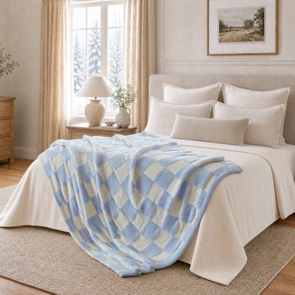 Checkerboard Feathersoft Fur Knit Throw - Blue
