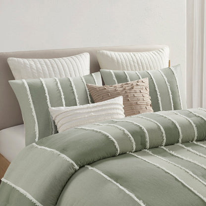 Shay 3 Piece Striped Cotton Comforter Set - Sage