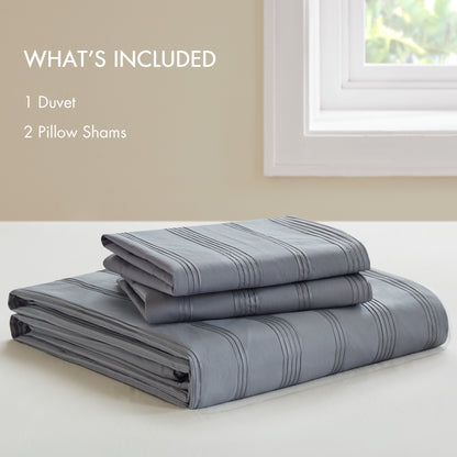Logan Striped Reversible Pintuck Pleated Duvet Set - Blue/Grey