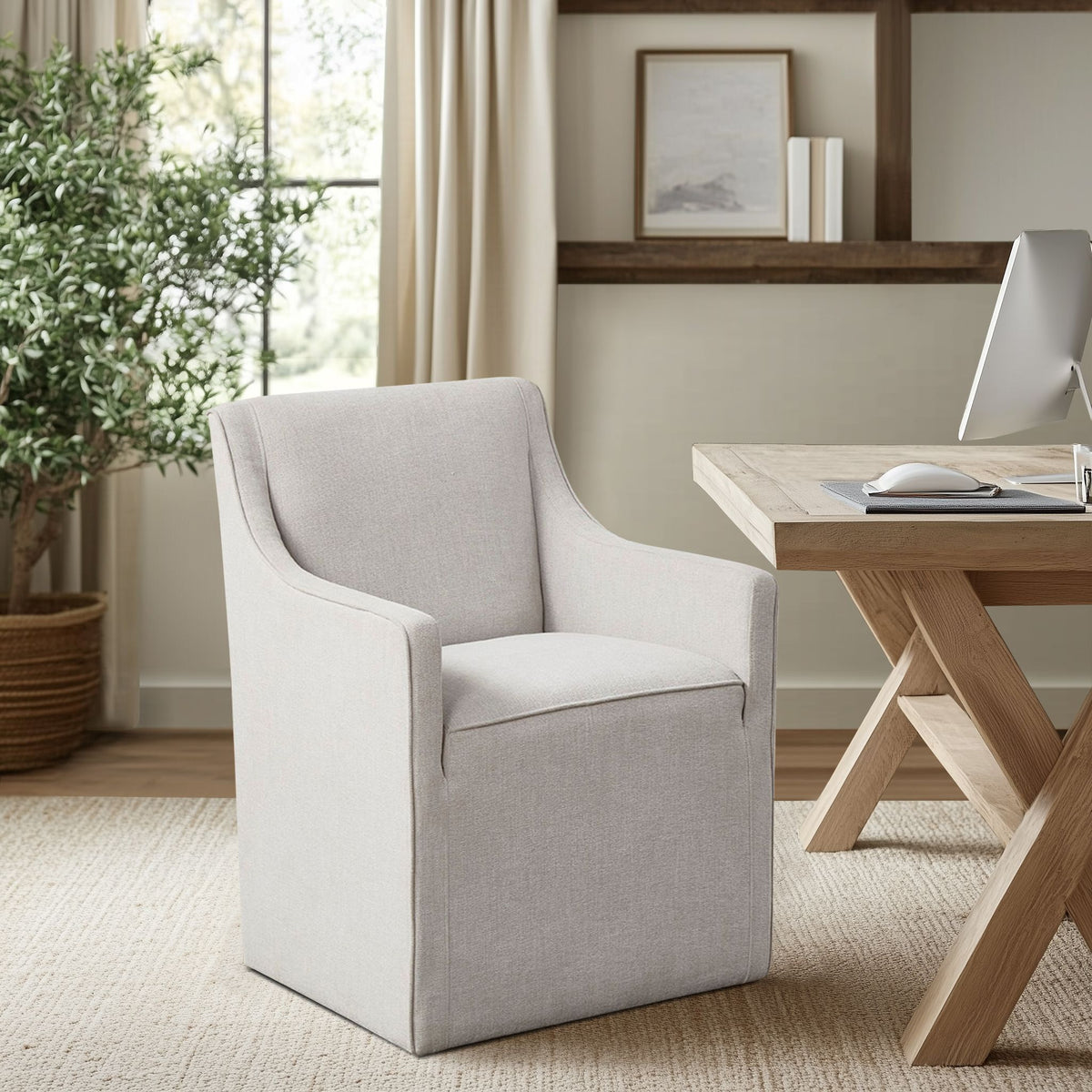 Charlotte Upholstered Dining Arm Chair with Hidden Casters - Grey