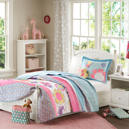 Crazy Daisy Reversible Quilt Set with Throw Pillow - Multi