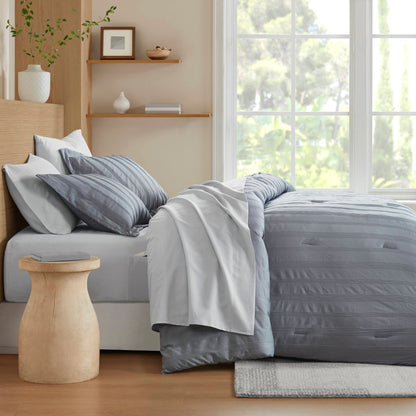 Logan Striped Reversible Pintuck Pleated Comforter Set - Blue/Grey