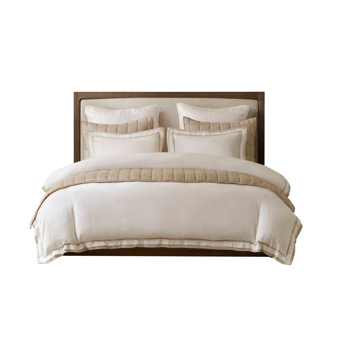 Linen Blend Double Flange Duvet Cover Set - White/Gold