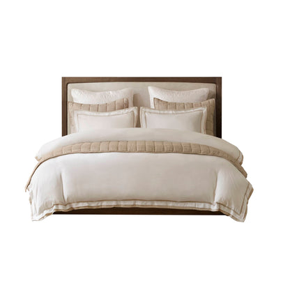 Linen Blend Double Flange Duvet Cover Set - White/Gold