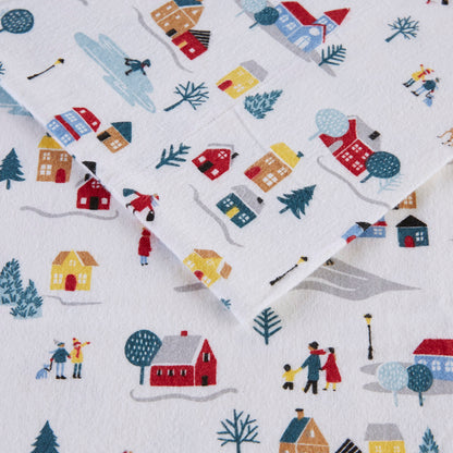 Cozy Cotton Flannel Printed Sheet Set - White Village Print