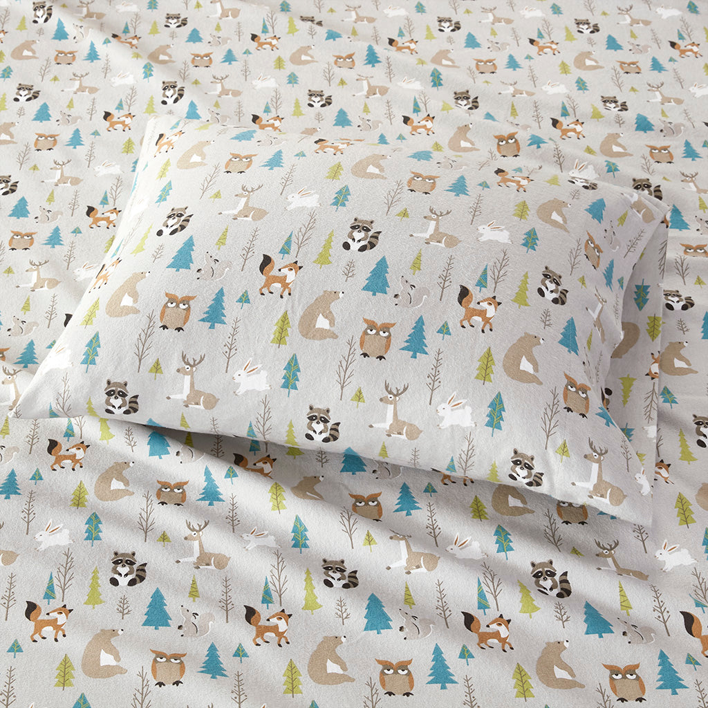 Cozy Cotton Flannel Printed Sheet Set - Multi Forest Animals