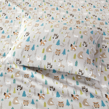 Cozy Cotton Flannel Printed Sheet Set - Multi Forest Animals