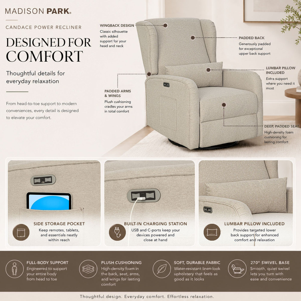 Candace Power Recliner 3-in-1 with Swivel, Glider, Charging Station - Beige