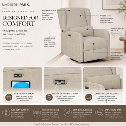 Candace Power Recliner 3-in-1 with Swivel, Glider, Charging Station - Blue