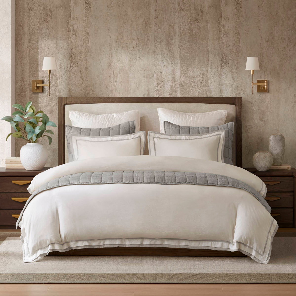 Linen Blend Double Flange Duvet Cover Set - White/Gray
