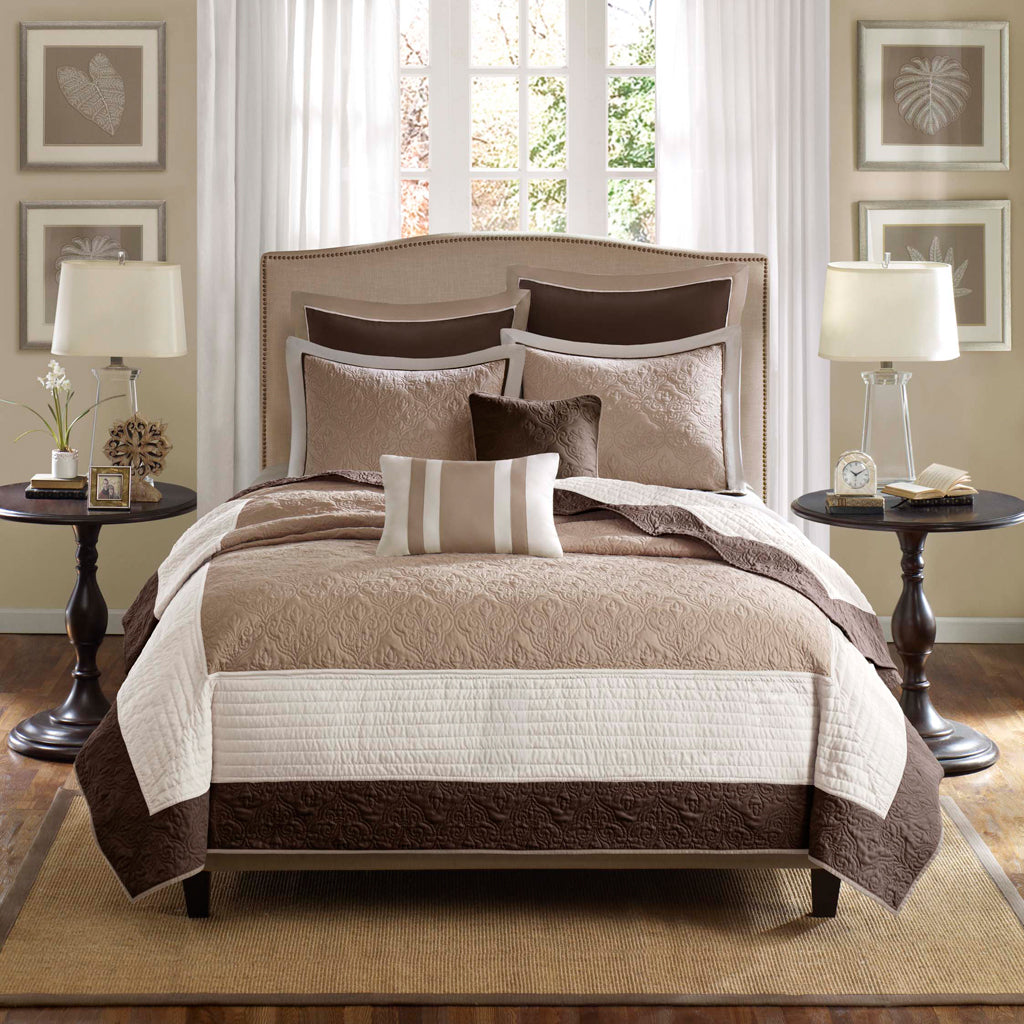 Attingham 7 Piece Quilt Set with Euro Shams and Throw Pillows - Beige